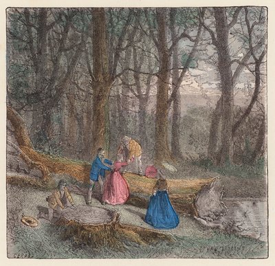 Personnes grimpant sur un arbre abattu - French School