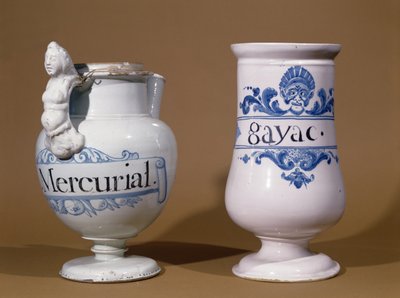 Pots pharmaceutiques pour Mercurial et Gayac, deux médicaments utilisés pour traiter la syphilis, fin 17e siècle ou début 18e siècle (céramique) - French School