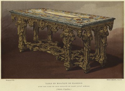 Table en pietra dura (mosaïque florentine) avec pieds sculptés et dorés, 17e siècle - French School