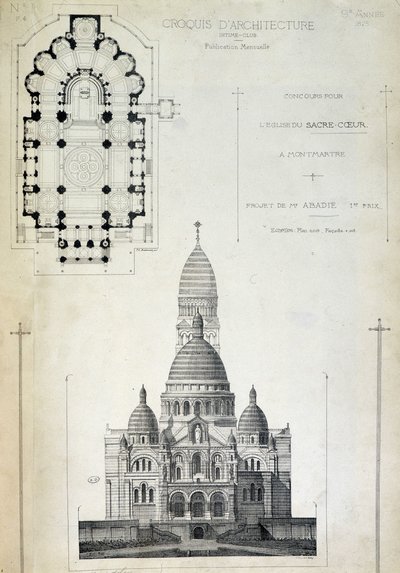 Plan et élévation du Sacré-Cœur, projet de M. Abadie, fin 19e siècle - French School