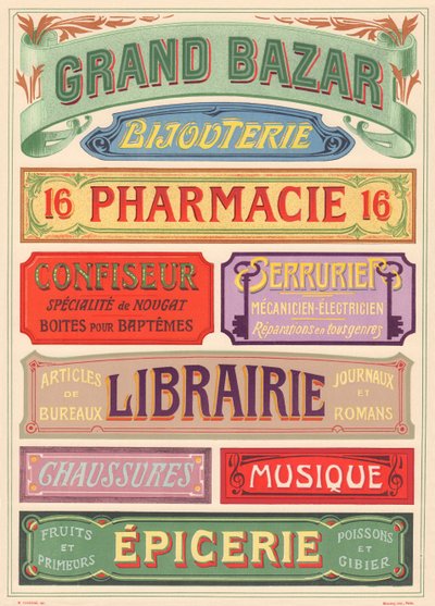 Planche n° 18 : Modèles de signalisation pour peintre de lettres Art Nouveau - French School