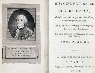 Portrait de Buffon et la page de titre de « Histoire naturelle de Buffon » classée par ordres, genres et espèces, selon le système de Linné - French School
