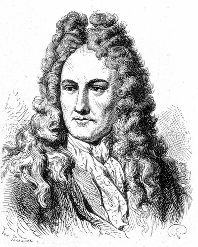 Portrait de Gottfried Wilhelm von Leibniz (1646 - 1716), philosophe et érudit allemand - dans « Album de la Science ; savants illustres ; Grandes découvertes » 1896. - French School