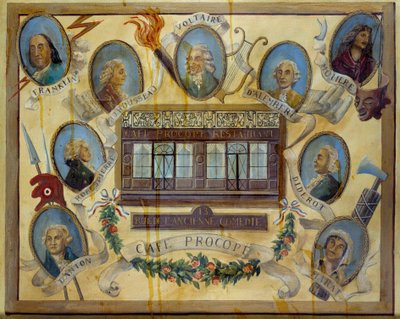Portrait de figures historiques et vue du café parisien Le Procope : Benjamin Franklin, Jean Jacques Rousseau, Voltaire, Jean D