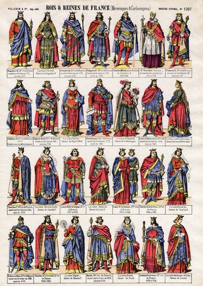 Portraits des rois et reines de France de la dynastie des Mérovingiens et Carolingiens. Imagerie d
