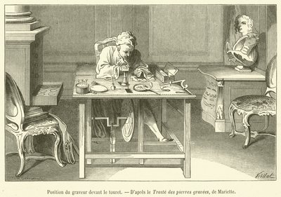 Position du graveur devant le touret (gravure) - French School