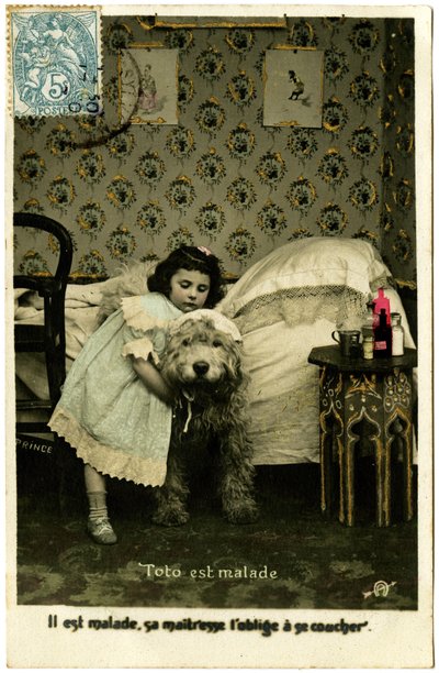 Carte postale : Toto est malade, il est malade, sa maîtresse le force à aller au lit, Prince - French School