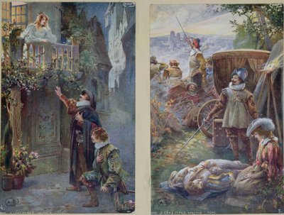 Cartes postales représentant Cyrano de Bergerac avec Roxanne et la mort de Christian, vers 1900 - French School