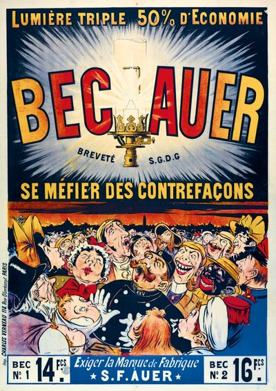 Affiche publicitaire pour les lampes à pétrole Becauer, imprimée par Charles Verneau, 1890 - French School