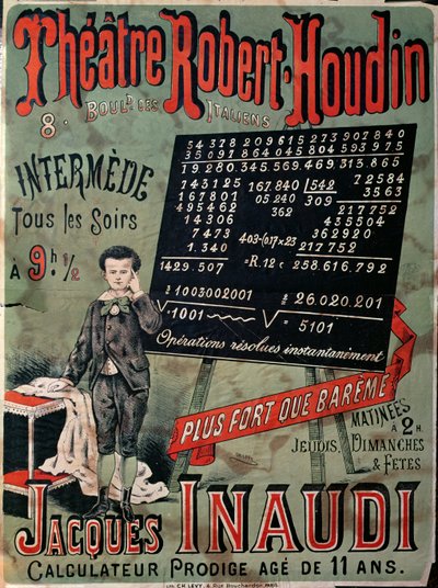 Affiche publicitaire pour une apparition de Jacques Inaudi (1867-1939) au Théâtre Robert Houdin, Paris, 1878 - French School