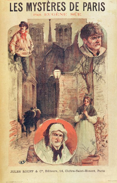 Affiche publicitaire pour Les Mystères de Paris par Eugène Sue (1804-57) publiée en feuilletons par Éditions Jules Rouff, fin du XIXe siècle - French School