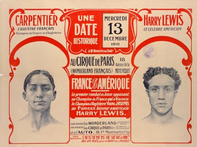 Affiche publicitaire pour le match de boxe entre Carpentier et Harry Lewis, 1911 - French School