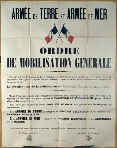 Affiche annonçant la mobilisation générale en France, 2 août 1914 par le Ministère de la Guerre et de la Marine - French School