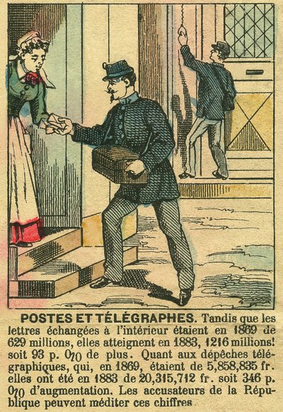Postes et télégraphes, illustrant le bon fonctionnement des télécommunications et de la Poste grâce à la République. Gravure, dans « Le Figaro, supplément », le 30/03/1889, Paris. Coll. Selva. - French School