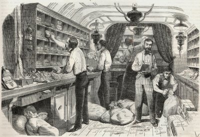 Postes : intérieur du bureau ambulant - Gravure dans « Tableau-de-Paris » par Edmond Texier 1852 - French School