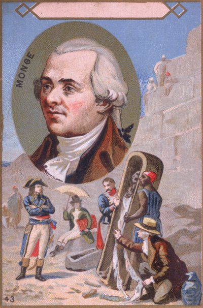 Carte promotionnelle représentant Gaspard Monge présentant une momie à Napoléon Bonaparte pendant la campagne d