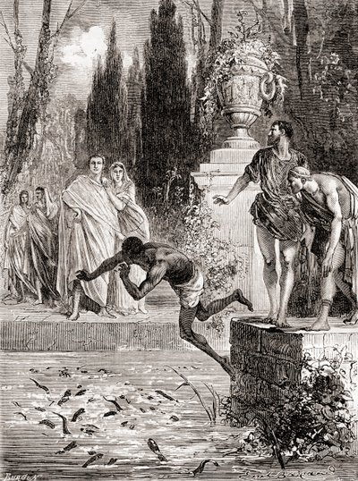 Publius Vedius Pollio, équestre romain, nourrissant un esclave à ses murènes, extrait de Les Merveilles de la Science, publié vers 1870 - French School