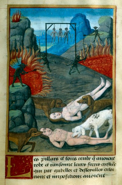 Punition réservée aux voleurs et pilleurs en Enfer, ils sont pendus, brûlés et dévorés par des chiens. Miniature de "Le Trésor de Sapience" par Jean Gerson (1363-1429) XVe siècle Chantilly, Musée Condé - French School