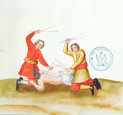 Punition avec des bâtons, de Voyage en Russie, 1731 - French School