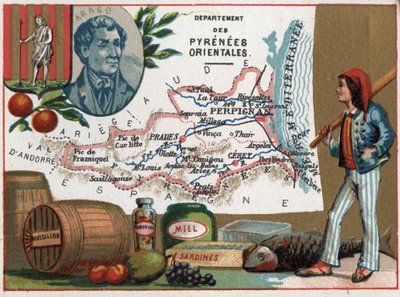 Pyrénées-Orientales (66), Languedoc-Roussillon, France. Portrait de Dominique François Jean Arago (1786-1853). Spécialité locale : miel et sardines. Série sur les départements français. Chromolithographie « le fil géographique » - French School