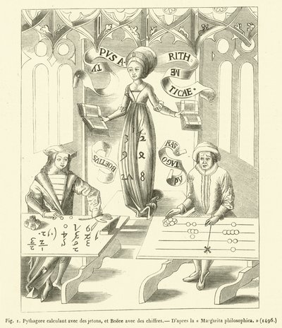Pythagore calculant avec des jetons, et Boèce avec des chiffres - French School