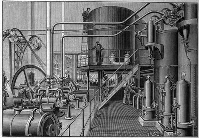 Salle des machines réfrigérées de la patinoire artificielle « Le pôle nord » rue de Clichy à Paris en 1892. - French School