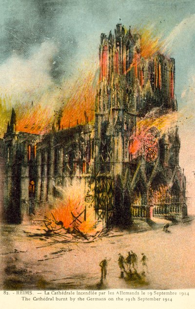 Reims, cathédrale brûlée par les Allemands le 19 septembre 1914 (lithographie en couleur) - French School