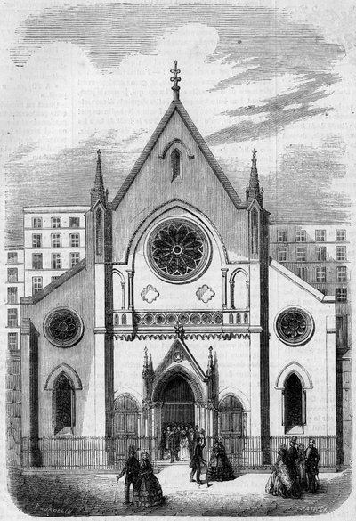 Architecture religieuse : vue de la façade du Temple pour les Américains vivant à Paris, rue de Berry, en 1857. Bâtiment construit par l