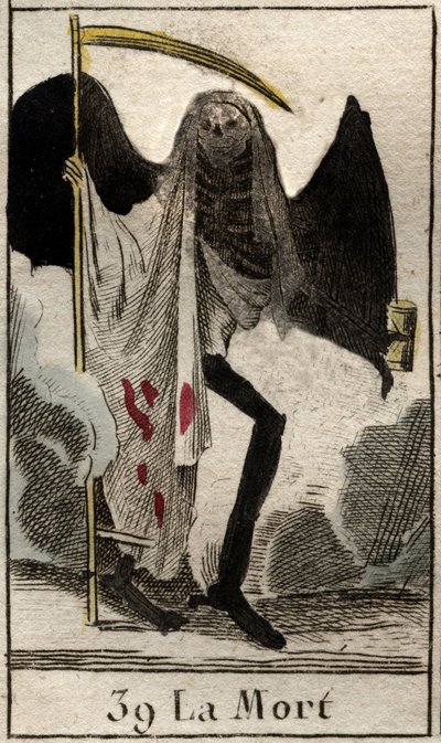 Représentation de la Mort, squelette ailé vêtu de noir, tenant une faux. De "Mythologie de la jeunesse" par Pierre Blanchard 1803. - French School
