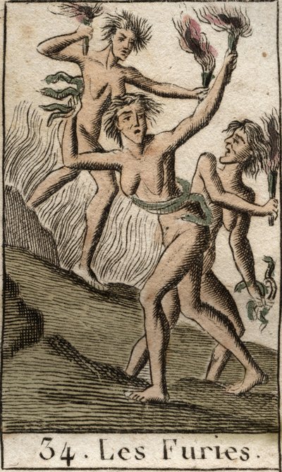 Représentation des Furies, Tisiphone, Mégère et Alecton, divinités persécutrices, représentées comme des femmes décharnées. De « Mythologie de la jeunesse » par Pierre Blanchard 1803. - French School