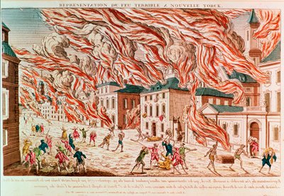 Représentation du terrible incendie de New York en 1776 (gravure en couleurs) - French School