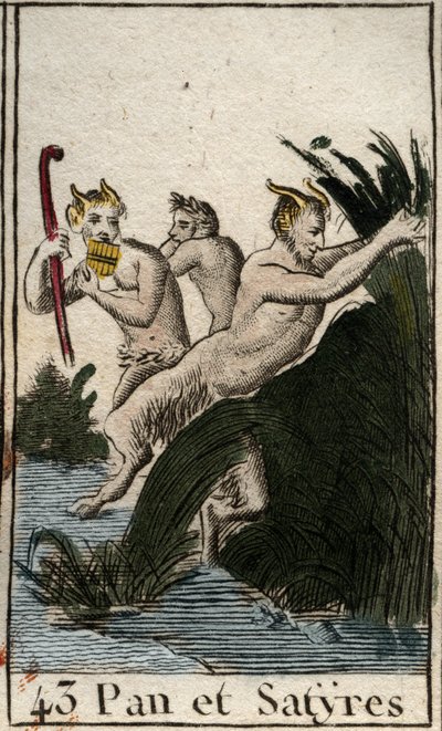 Représentation du dieu champêtre Pan et des satyres. Il a des cuisses poilues, des pieds de chèvre, et joue de la flûte (Syrinx). De "Mythologie de la jeunesse" par Pierre Blanchard 1803. - French School