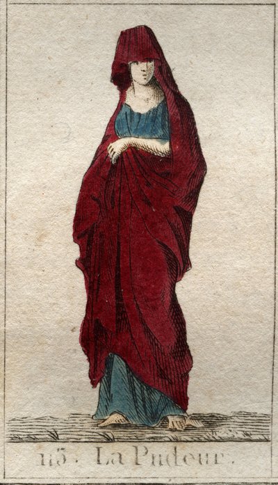 Représentation de la déesse de la Modestie, une jeune femme au visage couvert d