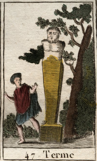 Représentation du dieu Terme, sous forme de borne, pour marquer les possessions et les terres. De "Mythologie de la jeunesse" par Pierre Blanchard 1803. - French School