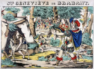 Représentation de la légende de Sainte Geneviève de Brabant. Scène de la rencontre entre Geneviève abandonnée dans les bois et son mari. Image d