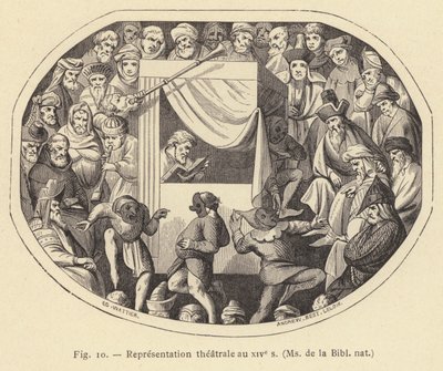 Représentation théâtrale au XIVe siècle, Ms de la Bibl nat - French School