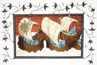 Richard II et sa flotte débarquant à Milford Haven, copie fac-similé de Le Prinse et Mort du Roy Richart par Jean Creton, réimprimé au 19ème siècle - French School