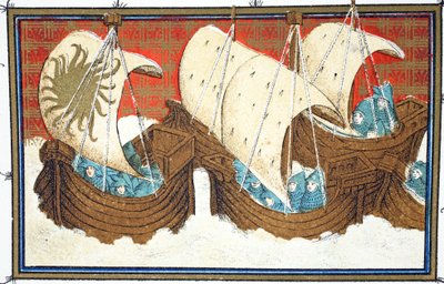 Richard II et sa flotte débarquant à Milford Haven, copie fac-similé de Le Prinse et Mort du Roy Richart par Jean Creton, réimprimé au 19ème siècle - French School