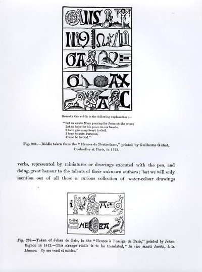 Énigme des Heures de Nostredame, imprimé par Guillaume Godart en 1513, et un jeton de Jehan de Brie des Heures à l