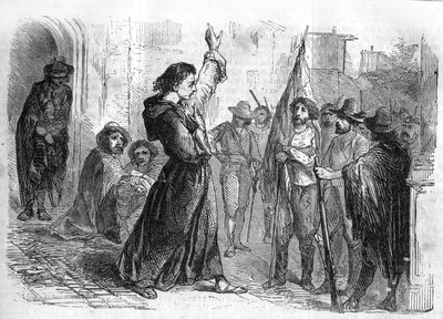 Roman-feuilleton : "Mémoires de Joseph Garibaldi" par Alexandre Dumas (1802-1870). Ugo Bassi (1800-1849) haranguant la foule pour encourager la population à participer au Risorgimento en 1848. Gravure dans "Les bons romans" - French School