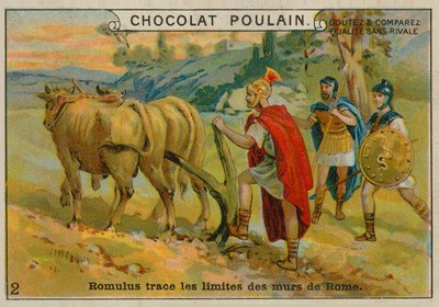 Romulus fixant les limites de Rome, carte de commerce Chocolat Poulain - French School