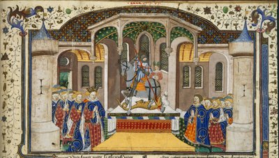 Royal 15 E. VI, f.439 Le roi Henri VI et des chevaliers regroupés autour d