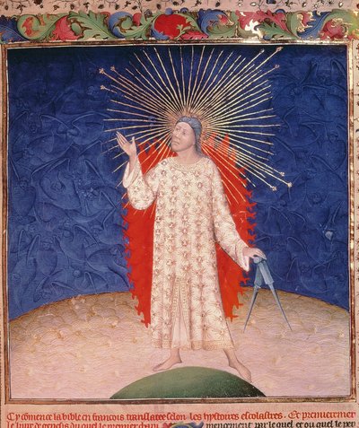 Dieu entouré de feu avec une paire de compas, de la Bible Historiale par Guyart des Moulins, c.1411 - French School
