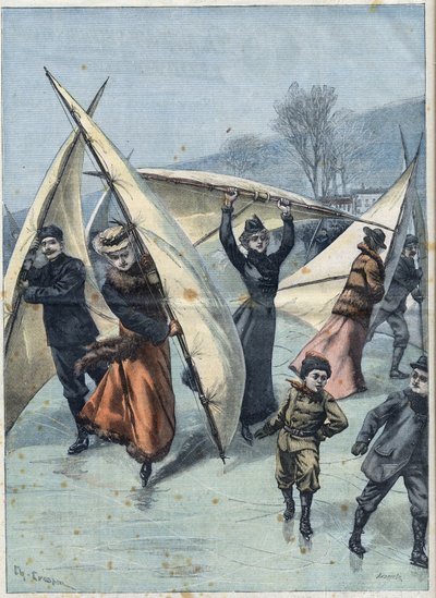Patinage à voile au Canada : distraction des Canadiens sur des patins à glace et des voiles sur une patinoire, dans « Le Petit Parisien ». - French School