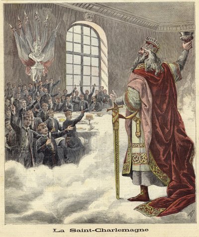 Saint Charlemagne levant un calice devant des convives assis - French School