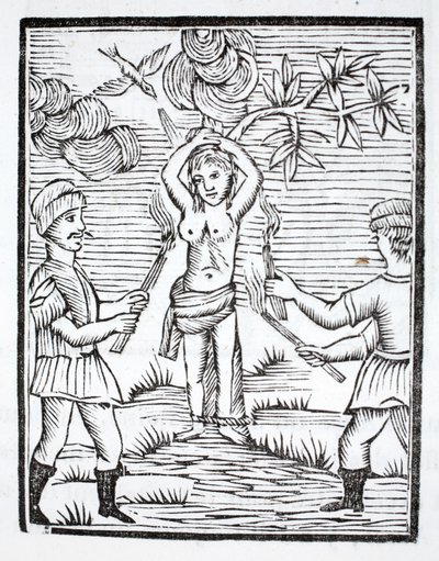 Sainte Reine est attachée à deux poteaux en forme de croix et brûlée par des torches - French School