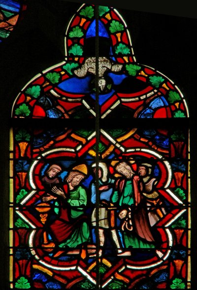 Scène dans la fenêtre E représentant Pilate se lavant les mains; la Colombe du Saint-Esprit - French School