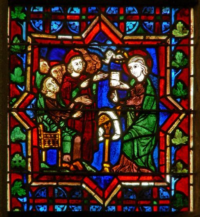 Scène dans la fenêtre E représentant une scène de la vie de Sainte Catherine : avec les philosophes - French School