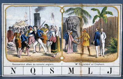 Scènes avec Passepartout et Phileas Fogg en Inde, ill. du jeu « Le Tour du Monde » par Jules Verne, fin 19e siècle - French School