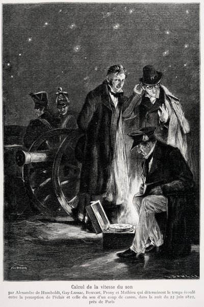 Expérience scientifique : le calcul de la vitesse du son, par Humboldt, Louis-Joseph Gay-Lussac, Bouvard, Prony et Mathieu, déterminant le temps écoulé entre la perception de la lumière et celle d